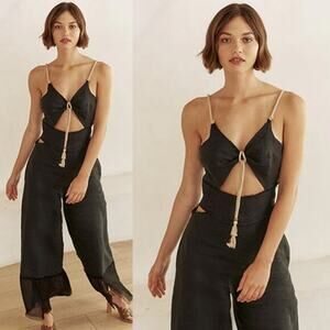 Just Bee Queen Black Linen Wide Leg Cut Out Jumpsuit Size S NWT